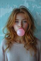 AI generated Beautiful girl blows a big pink bubble from bubble gum photo