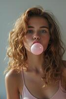 AI generated Beautiful girl blows a big pink bubble from bubble gum photo