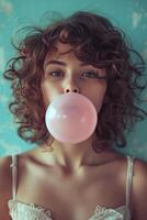 AI generated Beautiful girl blows a big pink bubble from bubble gum photo