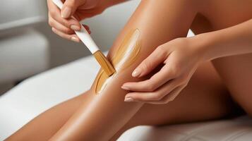 AI generated Beautiful woman doing waxing on her leg photo