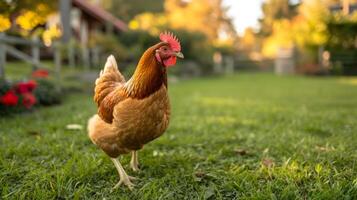 AI generated chicken walking on the grass in the yard of a classic American farm photo