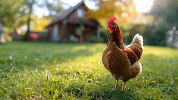 AI generated chicken walking on the grass in the yard of a classic American farm photo