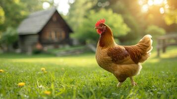 AI generated chicken walking on the grass in the yard of a classic American farm photo