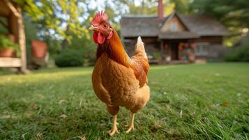 ai generado pollo caminando en el césped en el yarda de un clásico americano granja foto