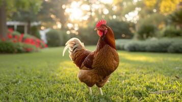 AI generated chicken walking on the grass in the yard of a classic American farm photo