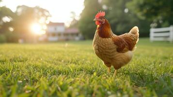 AI generated chicken walking on the grass in the yard of a classic American farm photo