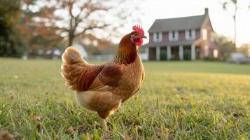 ai generado pollo caminando en el césped en el yarda de un clásico americano granja foto