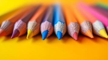 AI generated Colored pencils lie in a row on a bright minimalistic background photo