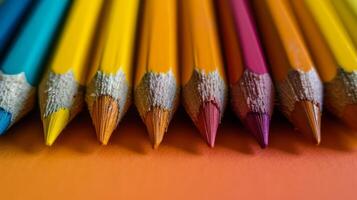 AI generated Colored pencils lie in a row on a bright minimalistic background photo