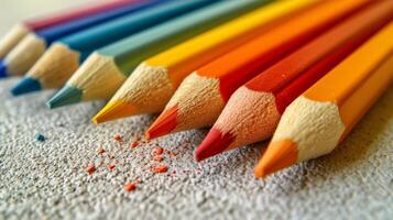 AI generated Colored pencils lie in a row on a bright minimalistic background photo