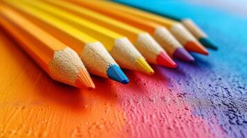 AI generated Colored pencils lie in a row on a bright minimalistic background photo