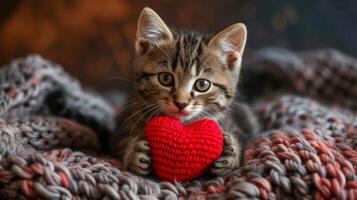 AI generated Cute kitten holding a red knitted heart in his hands photo