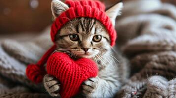 AI generated Cute kitten holding a red knitted heart in his hands photo