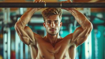 AI generated Handsome athletic man doing pull-ups on the horizontal bar photo
