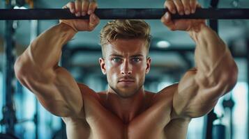 ai generado hermoso atlético hombre haciendo dominadas en el horizontal bar foto