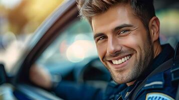 ai generado hermoso joven americano policía oficial sentado en su coche y sonriente mientras mirando a el cámara foto