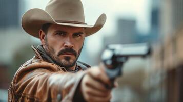 AI generated Handsome cool Texas Ranger with a gun looking at the camera photo