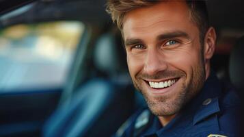 AI generated Handsome young American police officer sitting in his car and smiling while looking at the camera photo