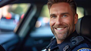 AI generated Handsome young American police officer sitting in his car and smiling while looking at the camera photo