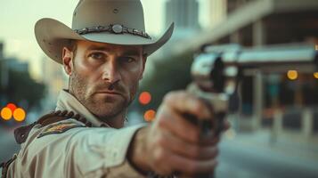 AI generated Handsome cool Texas Ranger with a gun looking at the camera photo