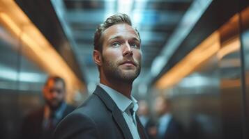 AI generated Handsome young businessman rides in an elevator photo