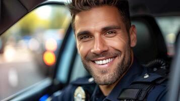 ai generado hermoso joven americano policía oficial sentado en su coche y sonriente mientras mirando a el cámara foto