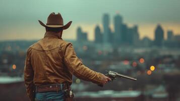 AI generated Handsome cool Texas Ranger with a gun looking at the camera photo