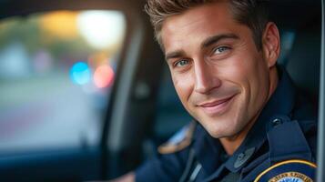 ai generado hermoso joven americano policía oficial sentado en su coche y sonriente mientras mirando a el cámara foto