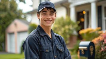 AI generated Handsome young postman stands smiling and looking at the camera near a classic American house with a mailbox photo