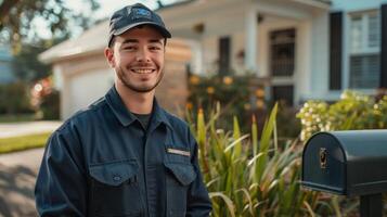 AI generated Handsome young postman stands smiling and looking at the camera near a classic American house with a mailbox photo