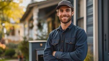 AI generated Handsome young postman stands smiling and looking at the camera near a classic American house with a mailbox photo