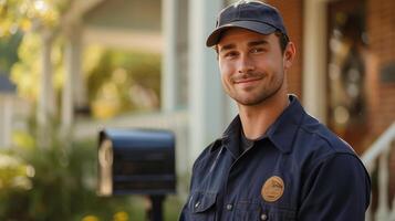 AI generated Handsome young postman stands smiling and looking at the camera near a classic American house with a mailbox photo