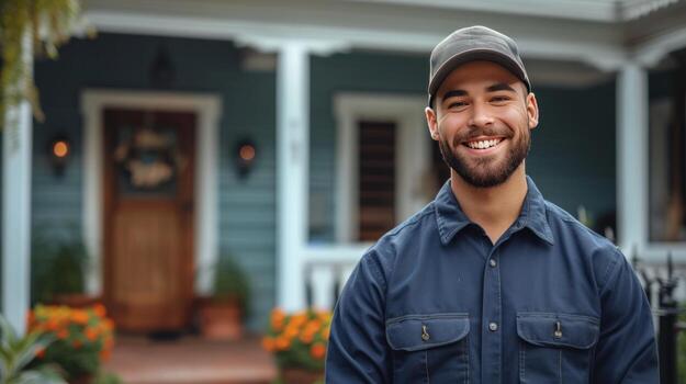 AI generated Handsome young postman stands smiling and looking at the camera near a classic American house with a mailbox photo