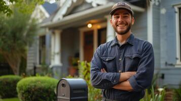 AI generated Handsome young postman stands smiling and looking at the camera near a classic American house with a mailbox photo