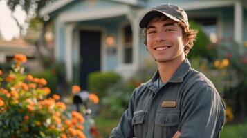 AI generated Handsome young postman stands smiling and looking at the camera near a classic American house with a mailbox photo