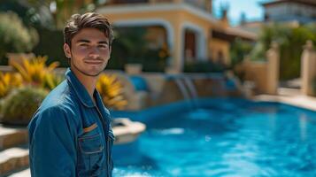 AI generated Handsome young worker in blue uniform cleaning blue swimming pool in classic Spanish Villa photo