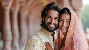 AI generated Happy beautiful and indian couple smiling looking at camera while standing against blurred indian photo