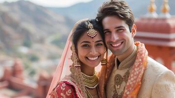 AI generated Happy beautiful and indian couple smiling looking at camera while standing against blurred indian photo