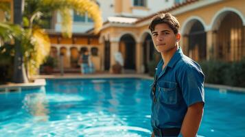 AI generated Handsome young worker in blue uniform cleaning blue swimming pool in classic Spanish Villa photo