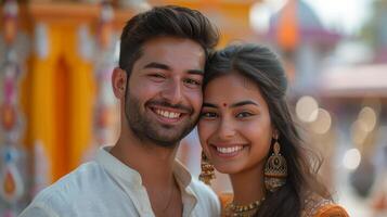 AI generated Happy beautiful and indian couple smiling looking at camera while standing against blurred indian photo