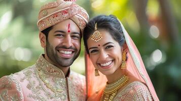 AI generated Happy beautiful and indian couple smiling looking at camera while standing against blurred indian photo