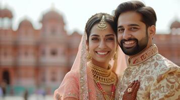 AI generated Happy beautiful and indian couple smiling looking at camera while standing against blurred indian photo