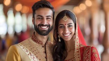 AI generated Happy beautiful and indian couple smiling looking at camera while standing against blurred indian photo