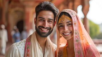 AI generated Happy beautiful and indian couple smiling looking at camera while standing against blurred indian photo