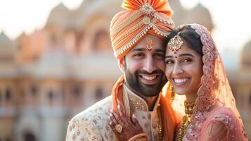 AI generated Happy beautiful and indian couple smiling looking at camera while standing against blurred indian photo