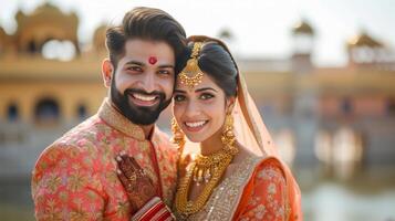 AI generated Happy beautiful and indian couple smiling looking at camera while standing against blurred indian photo