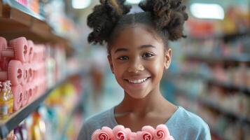 AI generated Happy young girl in a store holding pink rollers in her hands and smiling while looking at the camera photo