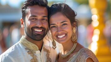 AI generated Happy beautiful and indian couple smiling looking at camera while standing against blurred indian photo