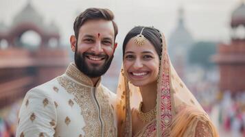 AI generated Happy beautiful and indian couple smiling looking at camera while standing against blurred indian photo