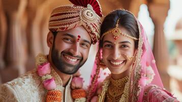 AI generated Happy beautiful and indian couple smiling looking at camera while standing against blurred indian photo
